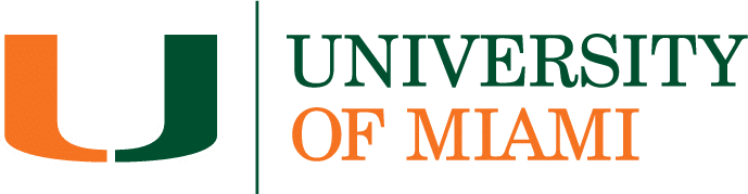 University of Miami logo, green and orange split U icon with wordmark