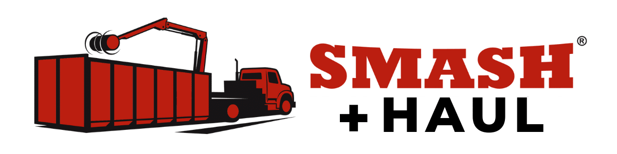 SMASH waste removal logo: red dumpster truck with hydraulic crane loading roll-off container